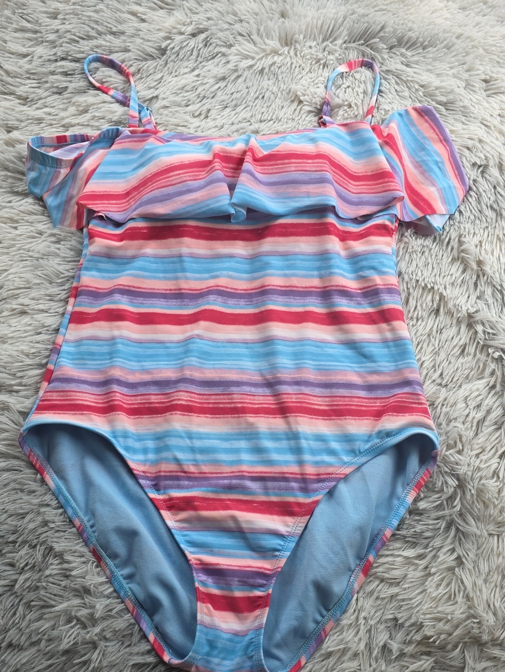 Time and Tru Striped Off-Shoulder One-Piece Swimsuit - Blue/Pink/Red